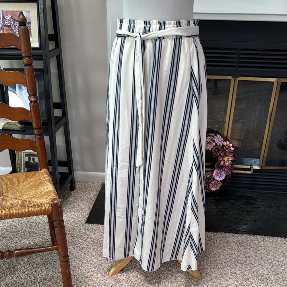 SHEIN White and Blue Maxi Wrap Skirt Tie Front Casual